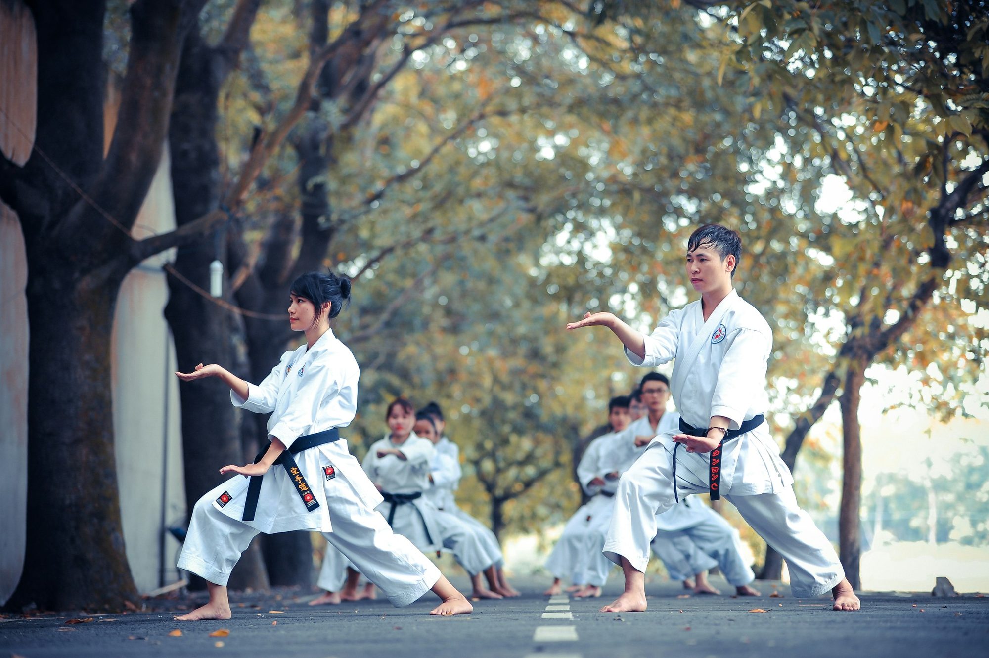 Grupo de practicantes entrenando al aire libre