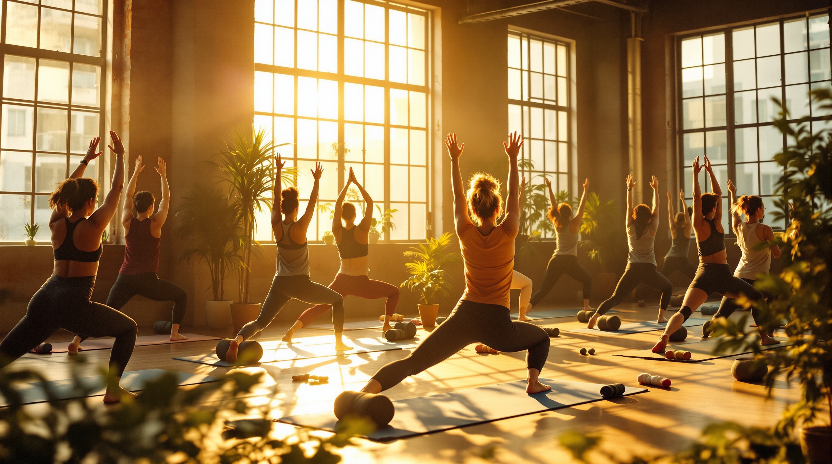 Clase de yoga en un estudio luminoso
